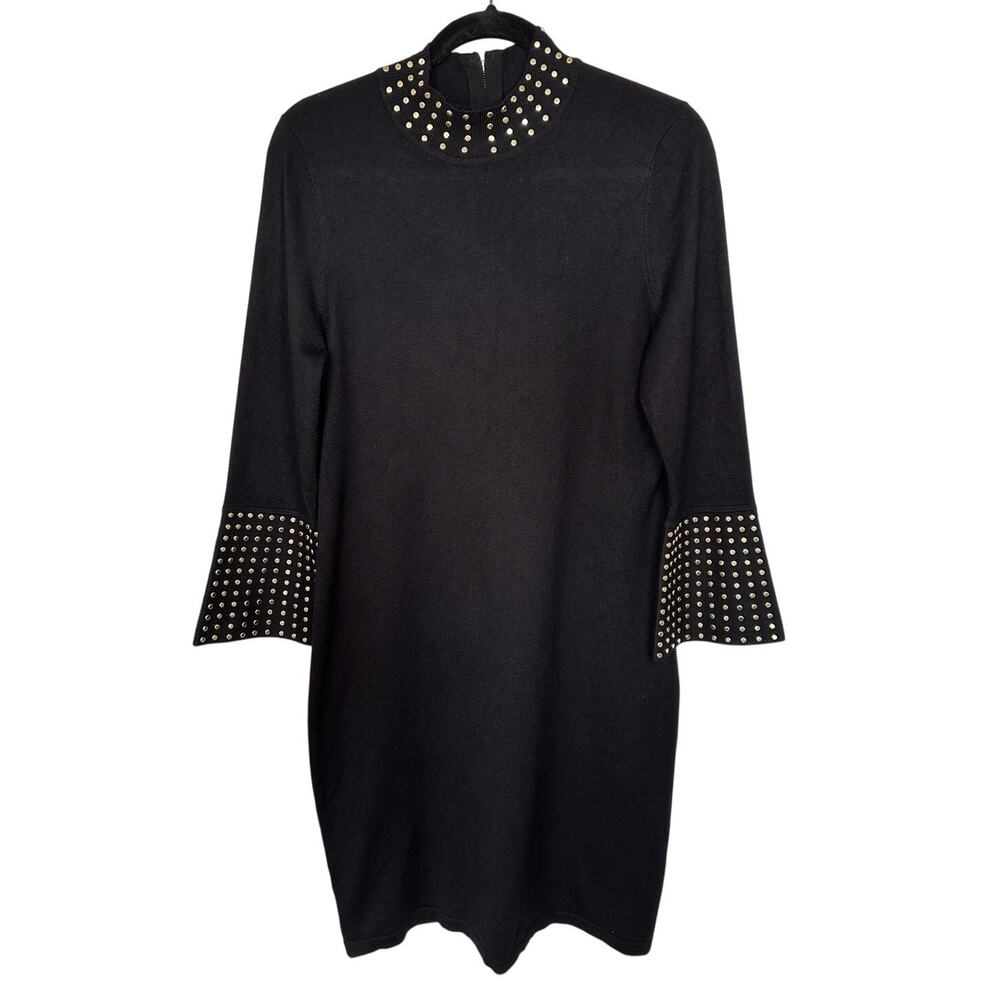 Calvin Klein Black Gold Studded Mock Neck Bell Sleeve Sweater Dress Size Large